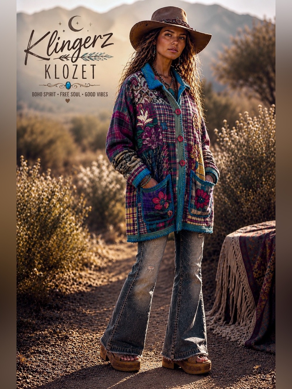 Vintage distressed Bohemian Patchwork Floral Quilted Jacket - Teal Accents